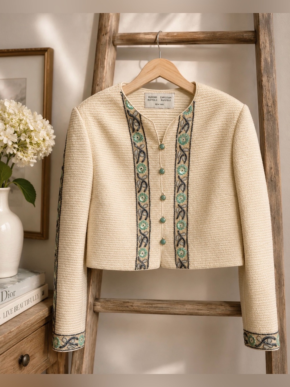 Auroro ruffolo and Christian Ruperto  cream and Green Embroidered jacket size m